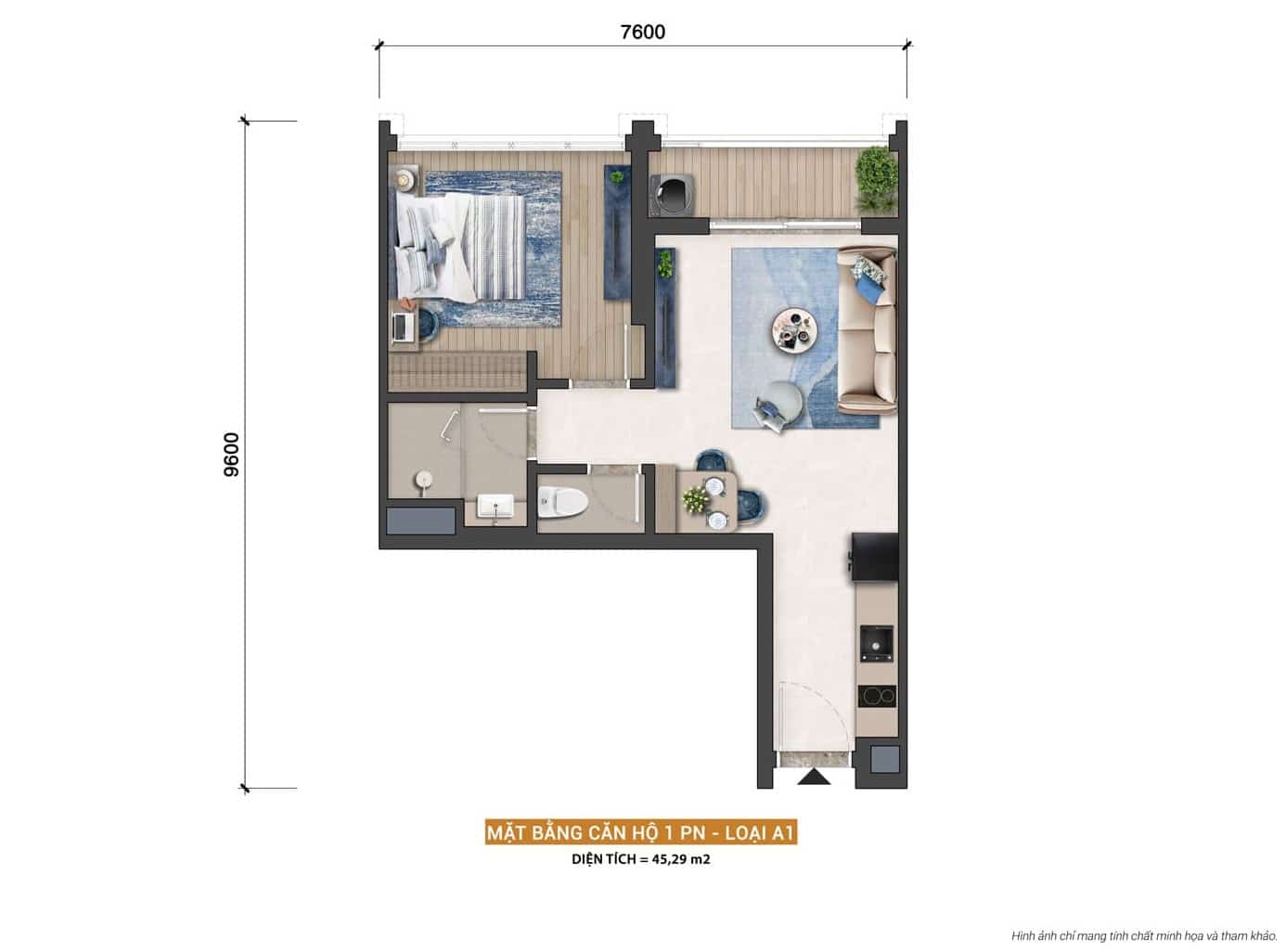 Layout thiết kế căn hộ 1 phòng ngủ loại 45m² dự án Sun Group Thủ Thiêm Layout thiết kế căn hộ 1 phòng ngủ loại 45m² dự án Sun Group Thủ Thiêm
