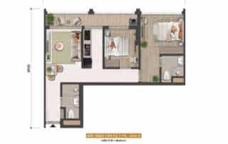 Layout thiết kế căn hộ 2 phòng ngủ loại diện tích 61,6m² dự án Sun Thủ Thiêm