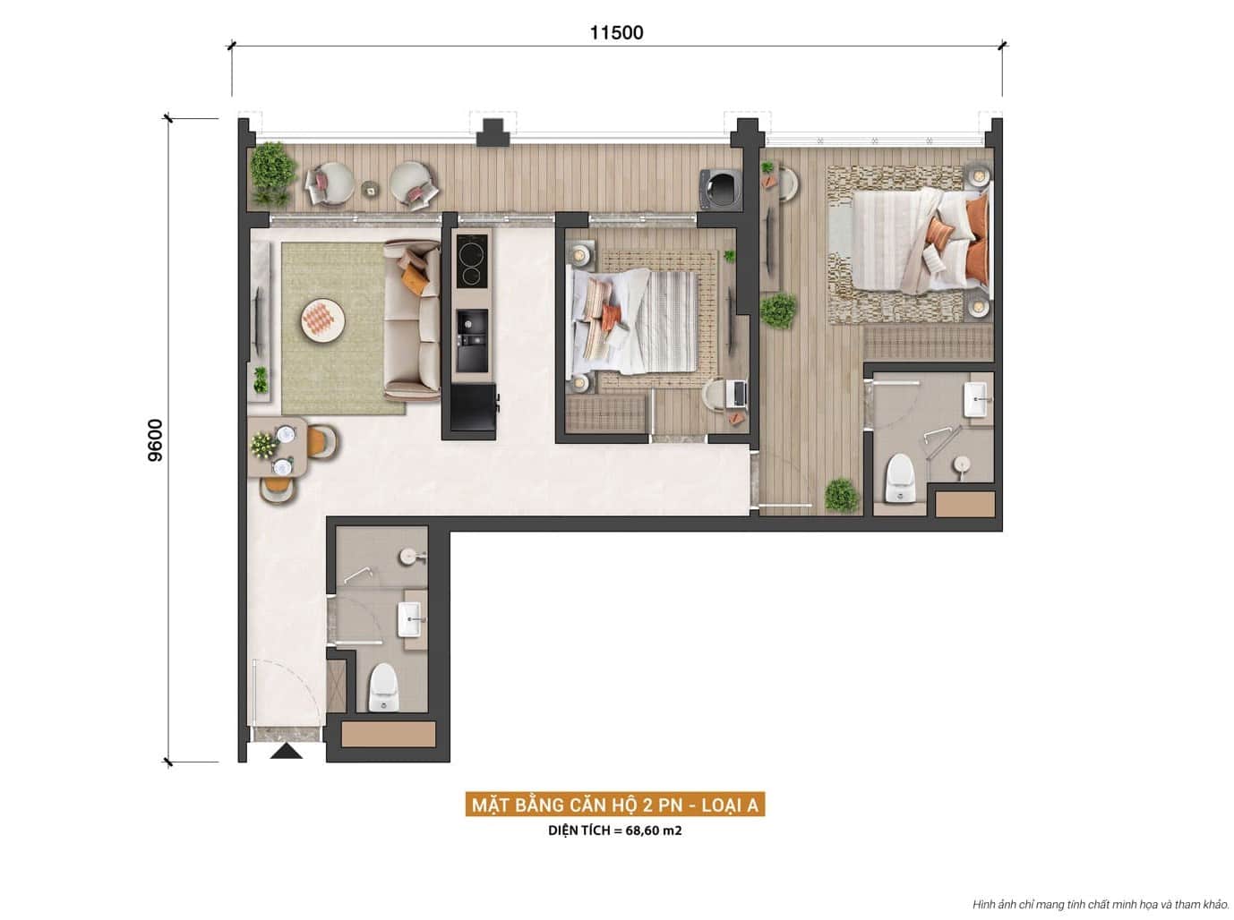 Layout thiết kế căn hộ 2 phòng ngủ loại diện tích 61,6m² dự án Sun Thủ Thiêm Layout thiết kế căn hộ 2 phòng ngủ loại diện tích 61,6m² dự án Sun Thủ Thiêm