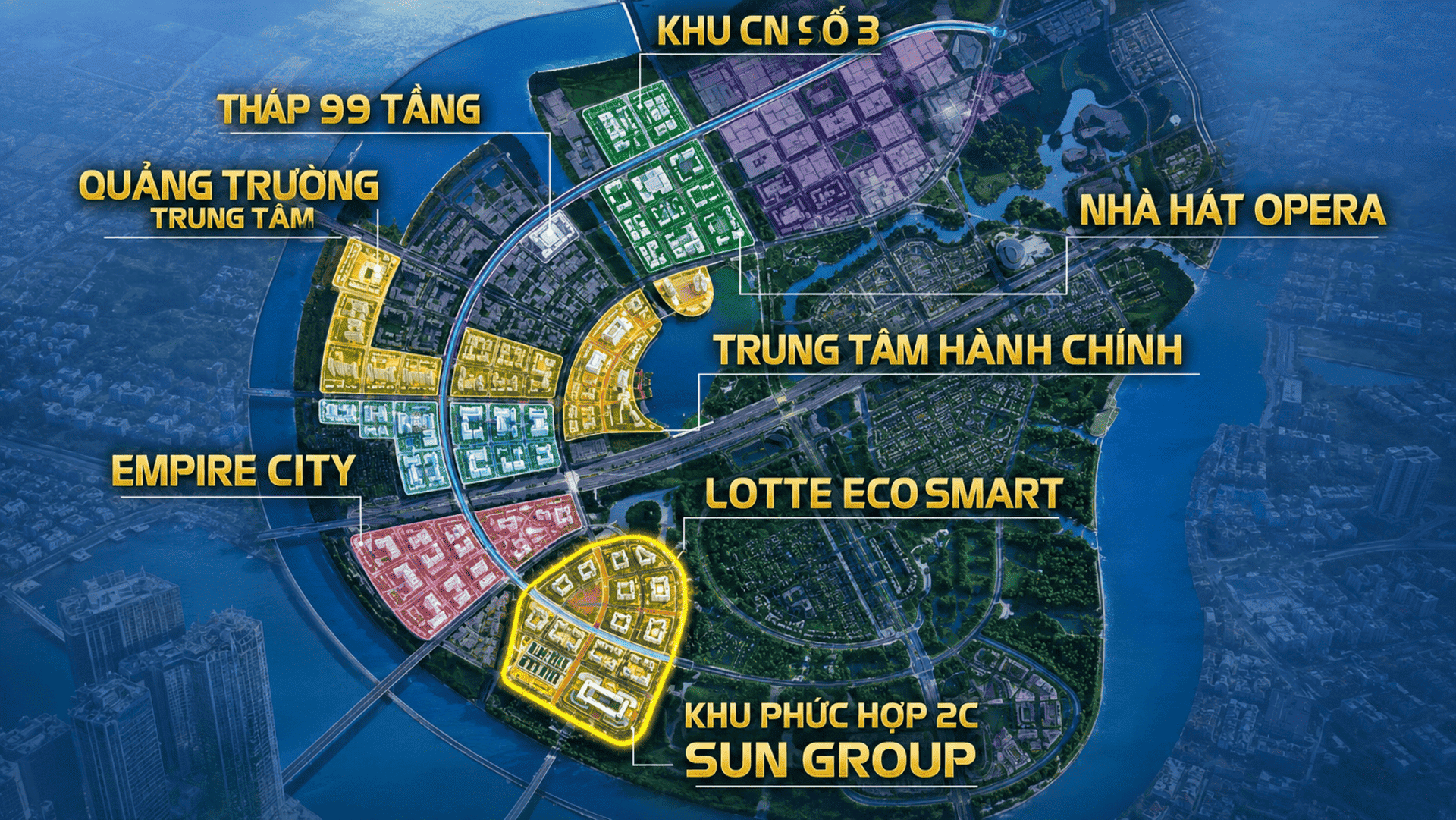 Phối cảnh không gian thương mại sầm uất tại phân khu chức năng 2c Sun Group Thủ Thiêm, hứa hẹn trở thành tâm điểm mua sắm mới của thành phố. Vị trí dự án Sun Thủ Thiêm nằm bên bờ Sông Sài Gòn mang đến tầm nhìn panorama tuyệt đẹp cho cư dân.