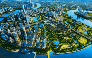 Tầm nhìn panorama đắt giá hướng thẳng ra sông Sài Gòn và trung tâm Quận 1 rực rỡ từ ban công căn hộ cao cấp Sun Group Thủ Thiêm.